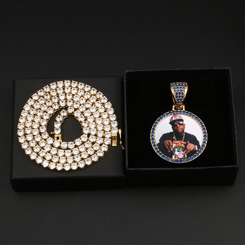 Personalize Blue Crystal Photo Medallion Necklace- Blue Crystal AAA+ CZ Diamond Medallion Necklace