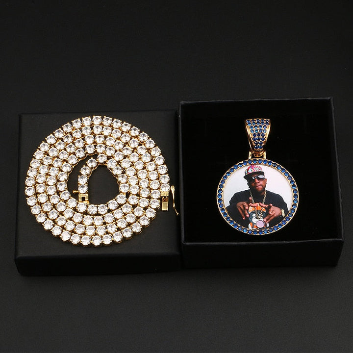 Personalize Blue Crystal Photo Medallion Necklace- Blue Crystal AAA+ CZ Diamond Medallion Necklace