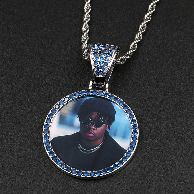 Personalize Blue Crystal Photo Medallion Necklace- Blue Crystal AAA+ CZ Diamond Medallion Necklace