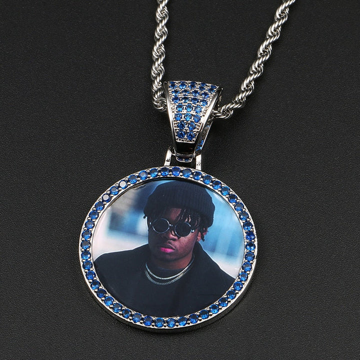 Personalize Blue Crystal Photo Medallion Necklace- Blue Crystal AAA+ CZ Diamond Medallion Necklace