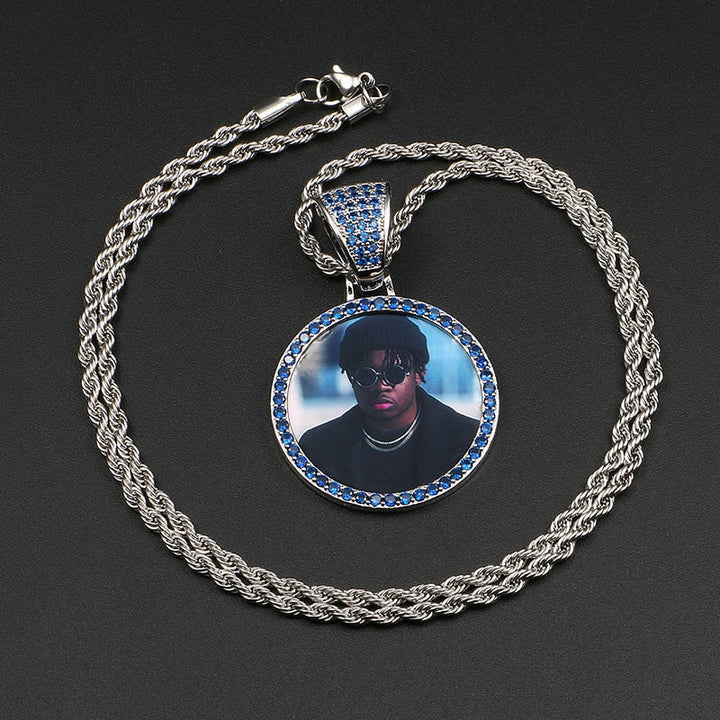 Personalize Blue Crystal Photo Medallion Necklace- Blue Crystal AAA+ CZ Diamond Medallion Necklace