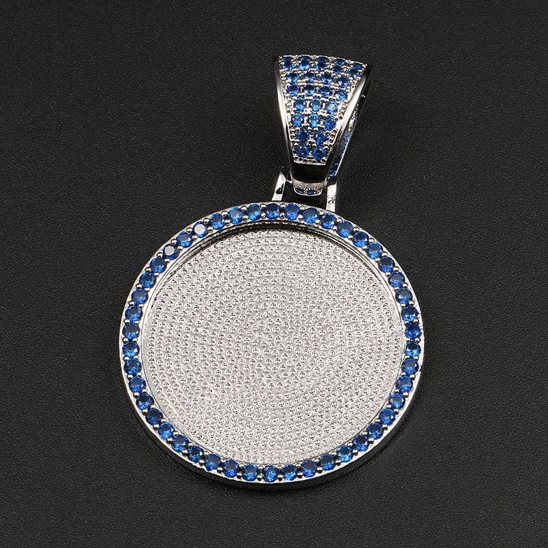 Personalize Blue Crystal Photo Medallion Necklace- Blue Crystal AAA+ CZ Diamond Medallion Necklace