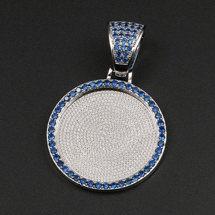 Personalize Blue Crystal Photo Medallion Necklace- Blue Crystal AAA+ CZ Diamond Medallion Necklace