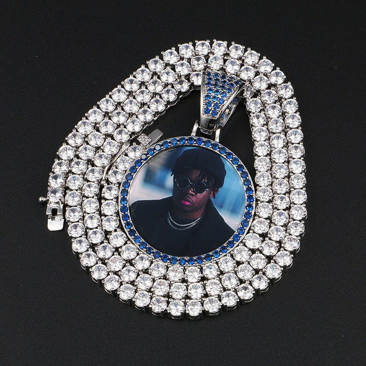 Personalize Blue Crystal Photo Medallion Necklace- Blue Crystal AAA+ CZ Diamond Medallion Necklace