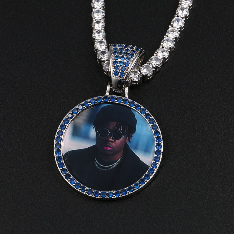 Personalize Blue Crystal Photo Medallion Necklace- Blue Crystal AAA+ CZ Diamond Medallion Necklace