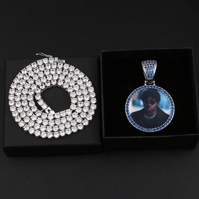 Personalize Blue Crystal Photo Medallion Necklace- Blue Crystal AAA+ CZ Diamond Medallion Necklace