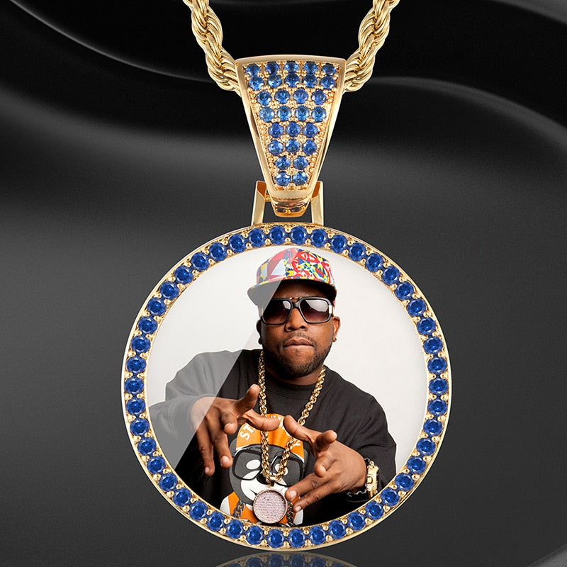 Personalize Blue Crystal Photo Medallion Necklace- Blue Crystal AAA+ CZ Diamond Medallion Necklace