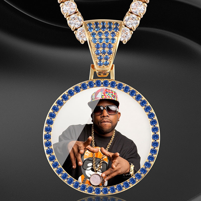 Personalize Blue Crystal Photo Medallion Necklace- Blue Crystal AAA+ CZ Diamond Medallion Necklace