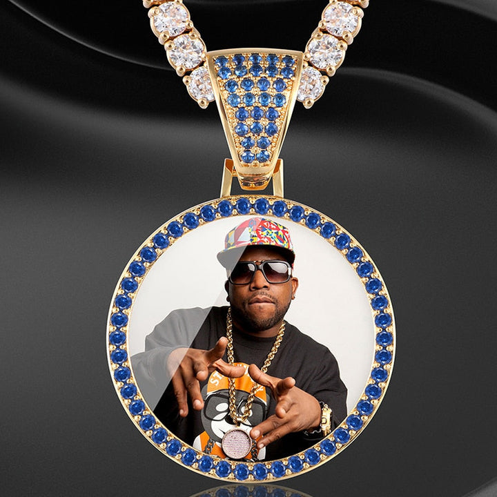 Personalize Blue Crystal Photo Medallion Necklace- Blue Crystal AAA+ CZ Diamond Medallion Necklace