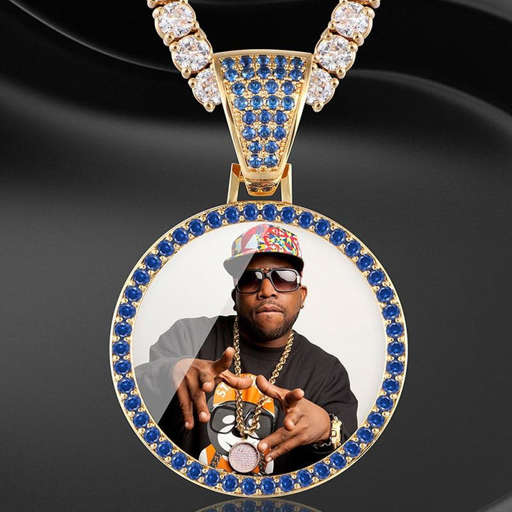 Custom Plating of Gold Photo Blue Crystal Pendant Medallion Necklace