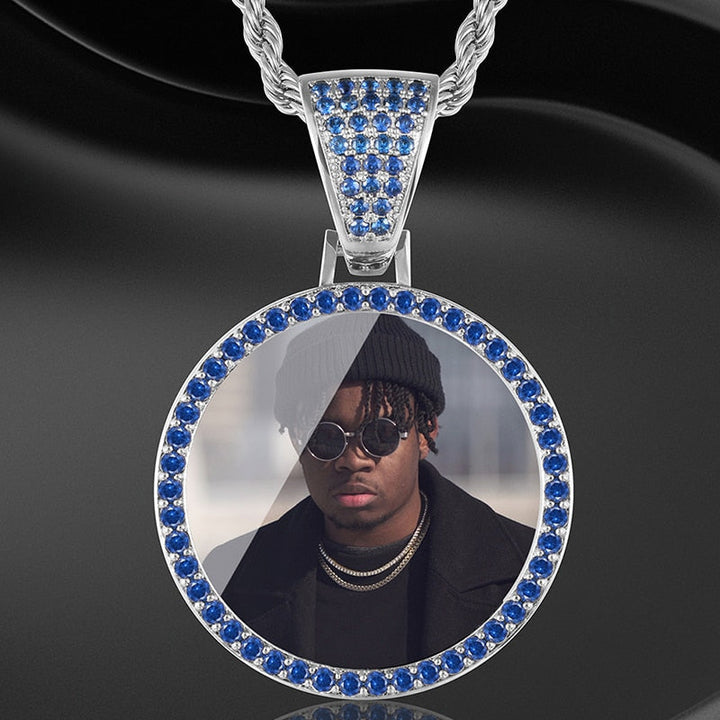 Personalize Blue Crystal Photo Medallion Necklace- Blue Crystal AAA+ CZ Diamond Medallion Necklace
