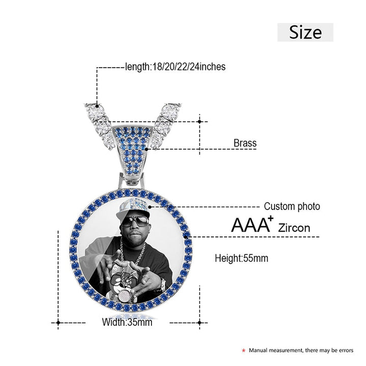 Personalize Blue Crystal Photo Medallion Necklace- Blue Crystal AAA+ CZ Diamond Medallion Necklace