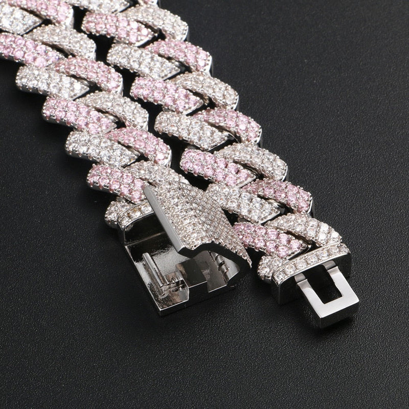 13mm Cuban Chain Bracelet Hip Hop Jewelry- 3 Row Rhinestones Iced Out Pink Silver Bracelet