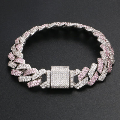 13mm Cuban Chain Bracelet Hip Hop Jewelry- 3 Row Rhinestones Iced Out Pink Silver Bracelet
