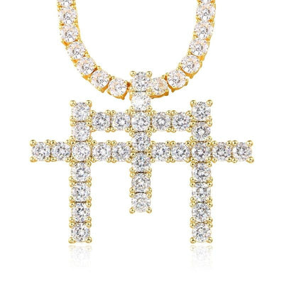 18K Gold Plated Bling Iced Out 3 Cross Pendant Necklace