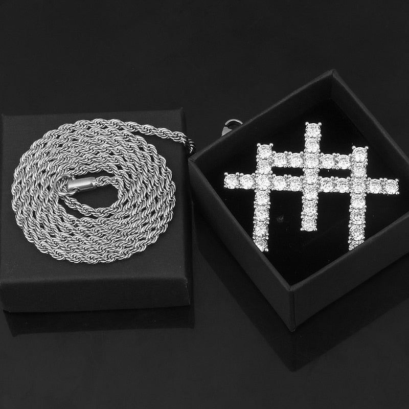 18K Gold Plated Bling Iced Out 3 Cross Pendant Necklace
