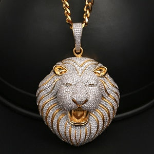 18K Gold Plated Necklace- Lion Head Pendant- Iced Out Lion Head Necklace