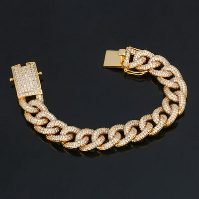 18K Gold Plated 14mm Thick AAA Micro Pave Bracelet- Miami Crystal Curb Cuban Link Chain Bracelet