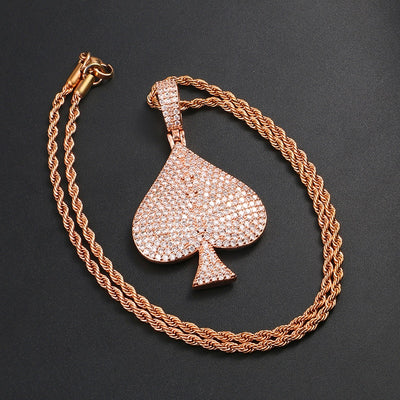 Rhinestone Spades Shape Pendant Necklace Bling Hip Hop Jewelry