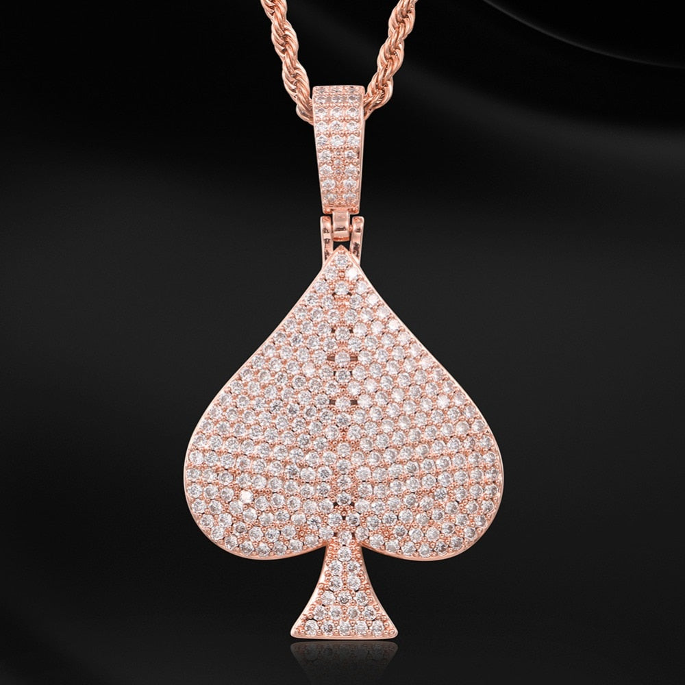 Rhinestone Spades Shape Pendant Necklace Bling Hip Hop Jewelry