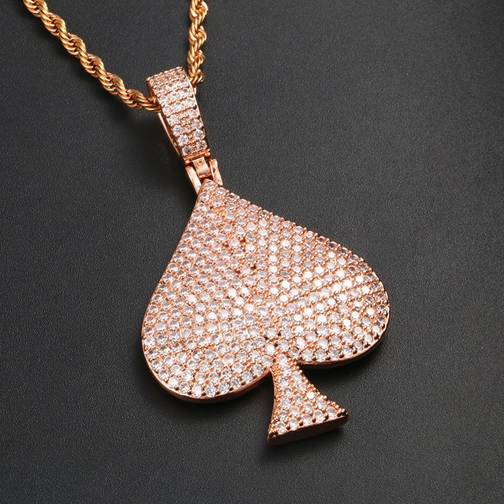 Rhinestone Spades Shape Pendant Necklace Bling Hip Hop Jewelry