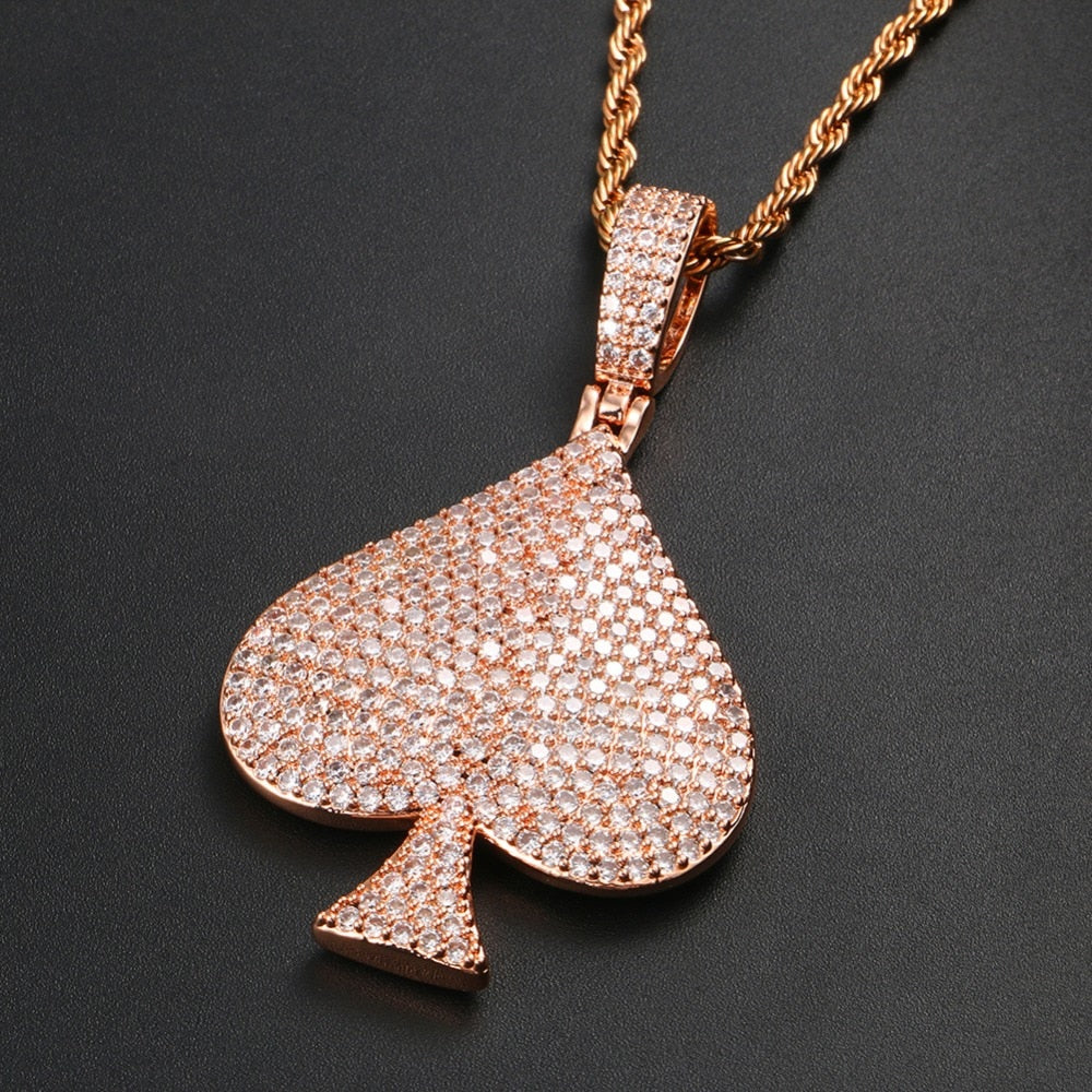 Rhinestone Spades Shape Pendant Necklace Bling Hip Hop Jewelry