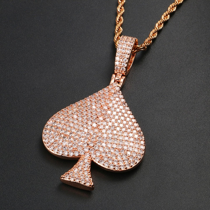 Rhinestone Spades Shape Pendant Necklace Bling Hip Hop Jewelry