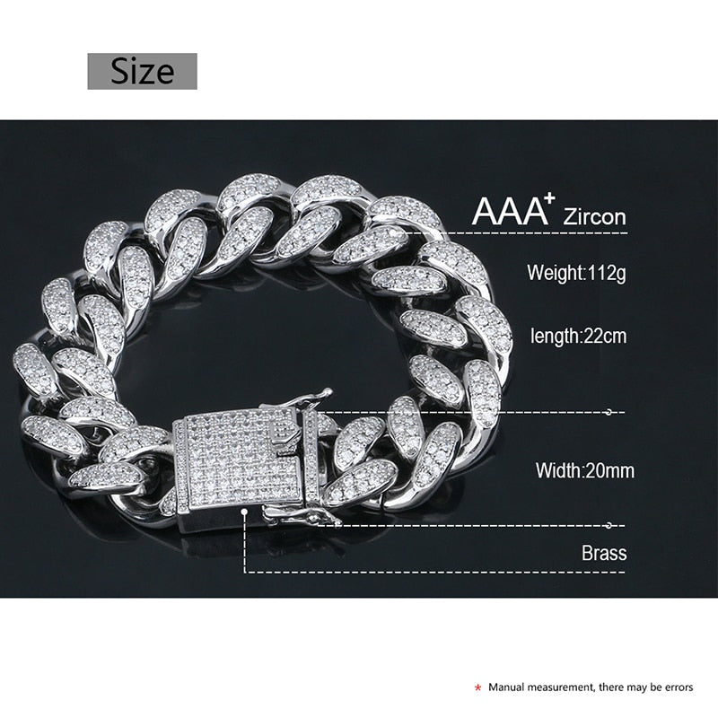 20mm Wide AAA Cubic Zirconia Cuban Chain Bracelets- Curb Rhinestones Hip Hop Bracelet