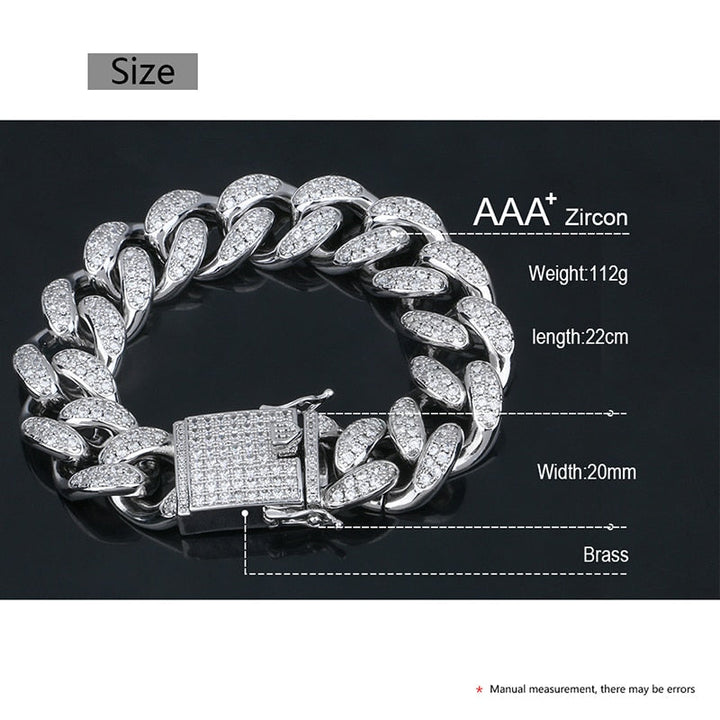 20mm Wide AAA Cubic Zirconia Cuban Chain Bracelets- Curb Rhinestones Hip Hop Bracelet