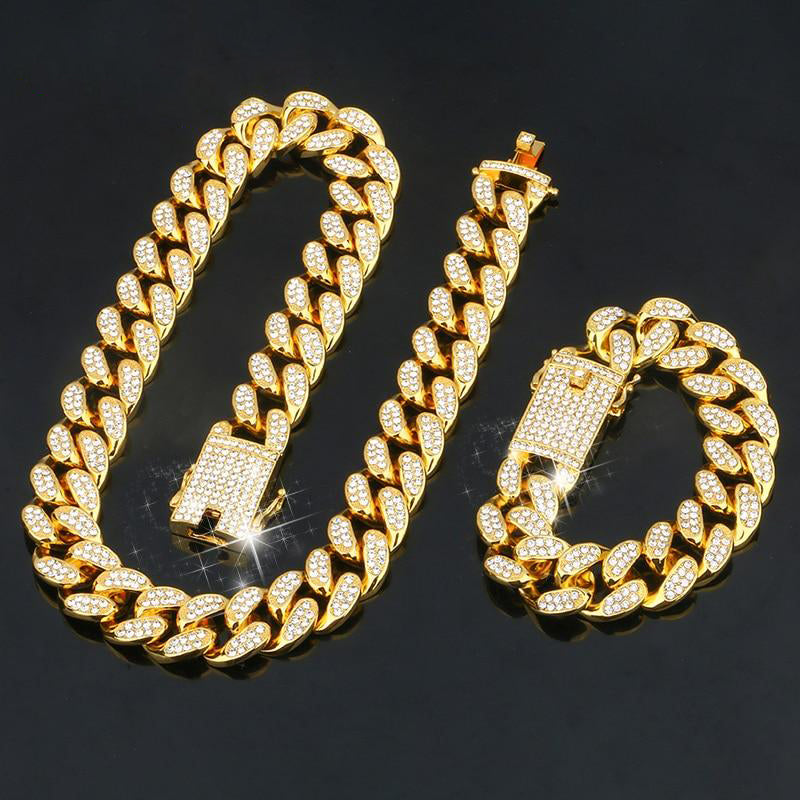 18K Gold Plated Iced Out Hip Hop Bracelet And Necklace For Her/Him