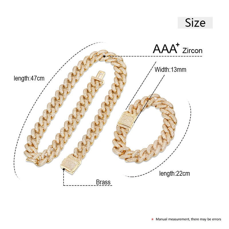 13mm Cuban Miami Brass Iced Out Necklace And Bracelet- Rhinestone Cuban Chain Bracelet Necklace Set Bling Jewelry