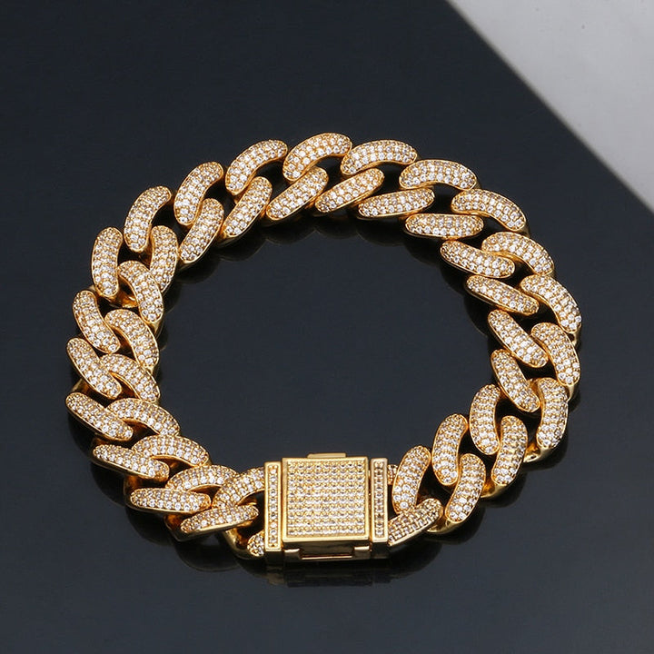 13mm Cuban Miami Brass Iced Out Necklace And Bracelet- Rhinestone Cuban Chain Bracelet Necklace Set Bling Jewelry