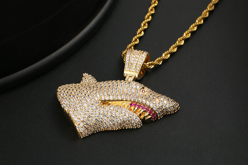 18K Gold Plated Open Mouth Shark Pendant Bling Hip Hop Jewelry