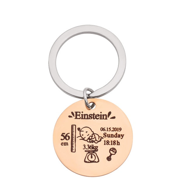 Personalized Round Keychain- Baby Name Date Of Birth Weight Time Height For Newborn Commemorate Exclusive Key Ring