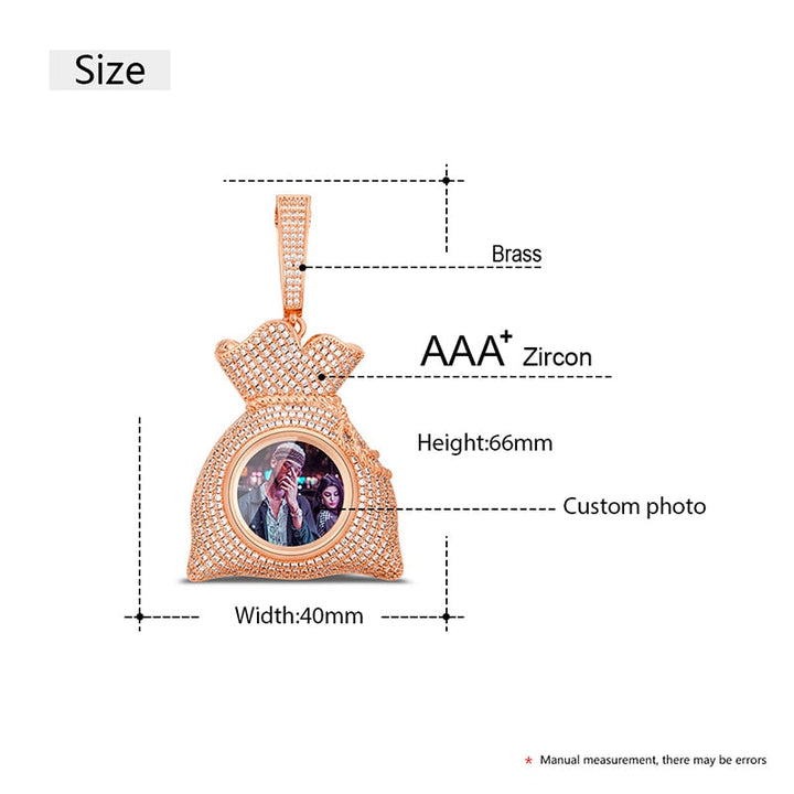 Custom 18k Gold Money Bag Pendant Photo Medallion Necklace