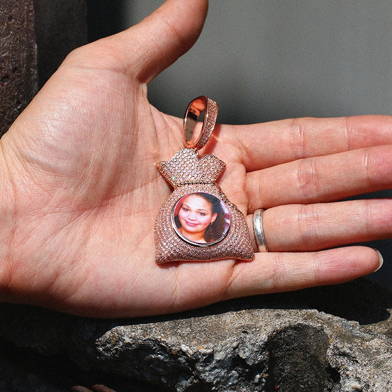 Custom Money Bag Photo Medallion Necklace