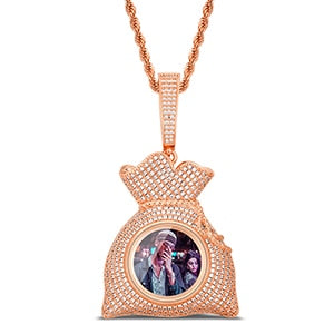 Custom 14k Gold Money Bag Pendant Photo Medallion Necklace