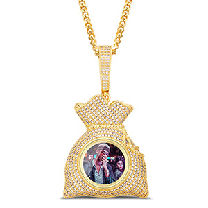 Custom 18k Gold Money Bag Pendant Photo Medallion Necklace