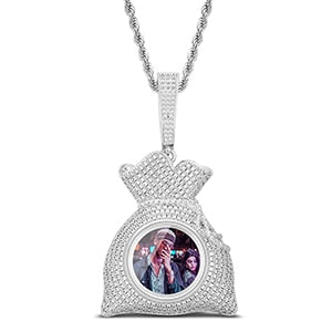 Custom 14k Gold Money Bag Pendant Photo Medallion Necklace