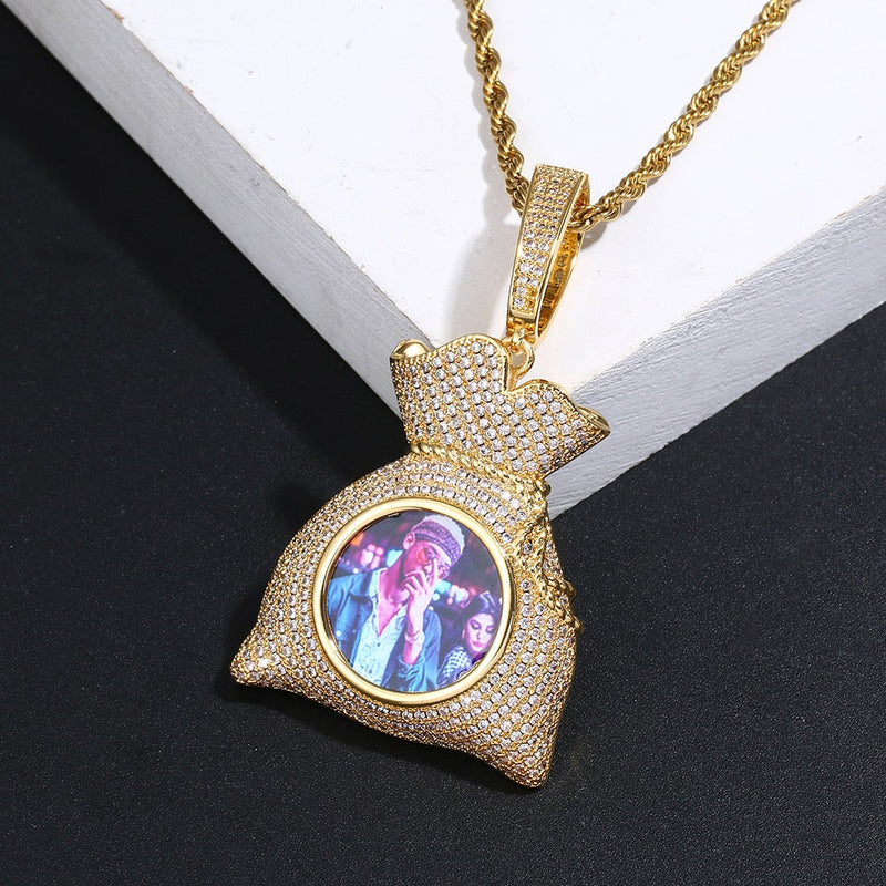 Custom 18k Gold Money Bag Pendant Photo Medallion Necklace