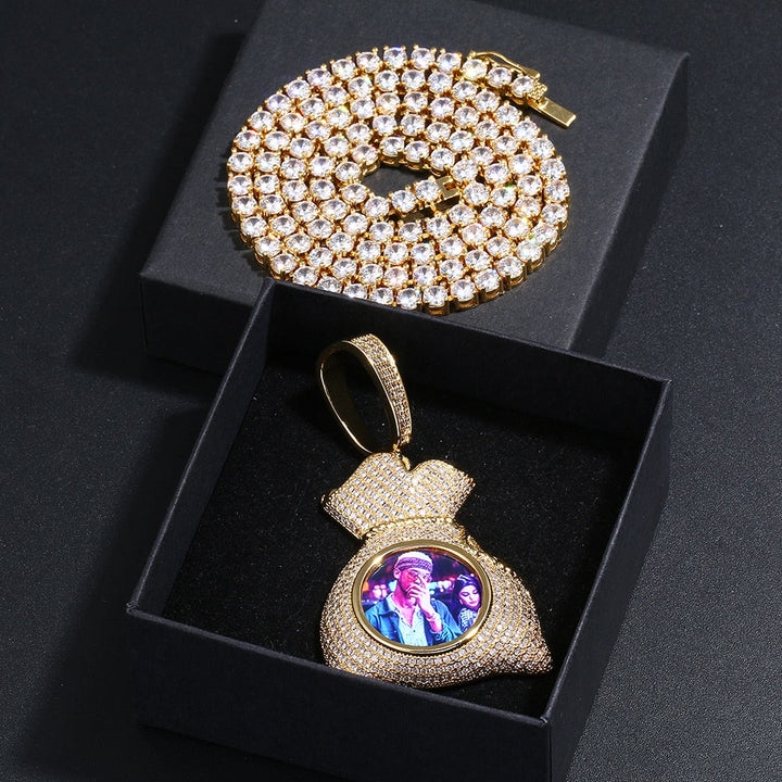 Custom Money Bag Photo Medallion Necklace