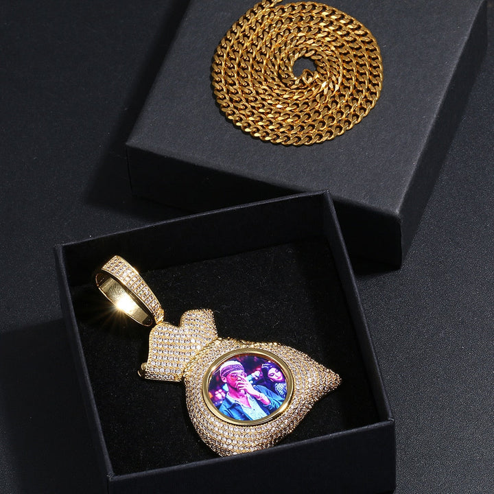Custom Money Bag Photo Medallion Necklace