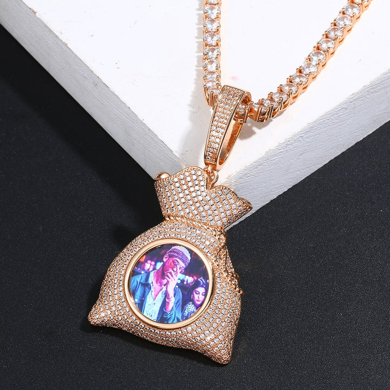 Custom 18k Gold Money Bag Pendant Photo Medallion Necklace