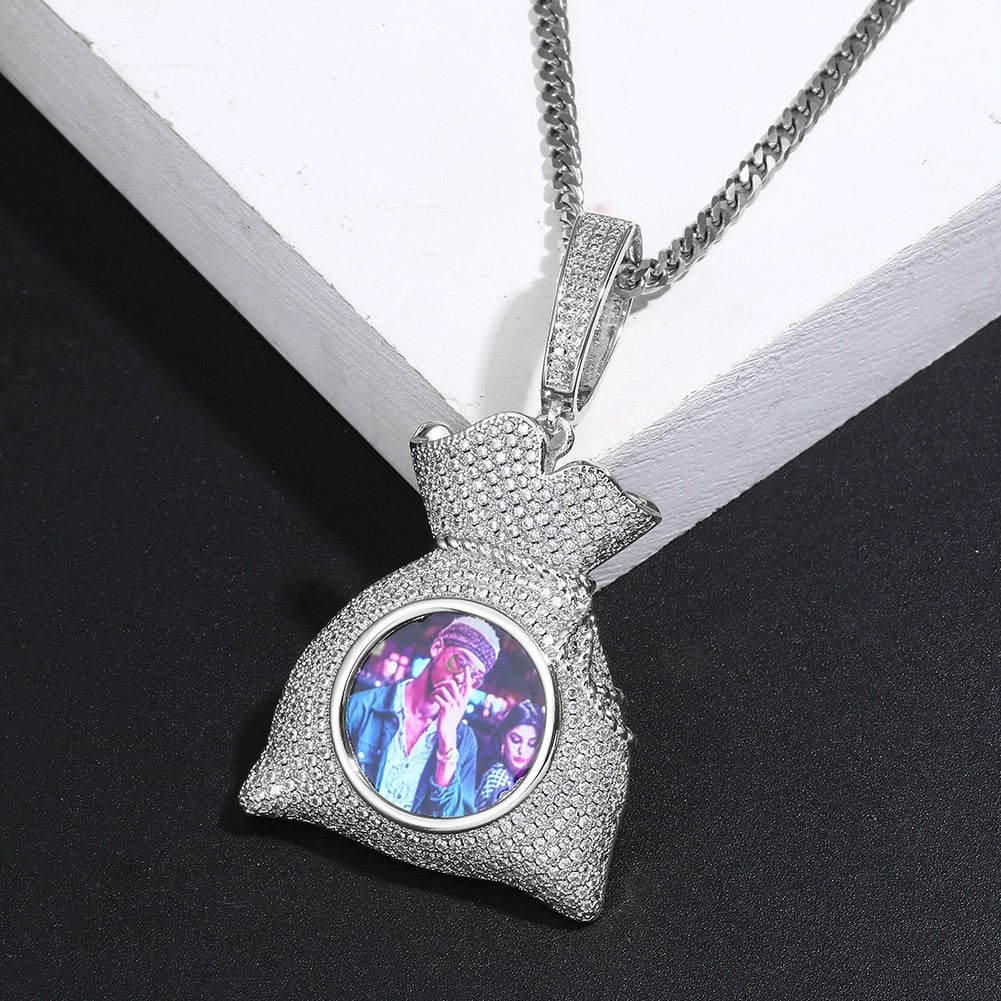 Custom 14k Gold Money Bag Pendant Photo Medallion Necklace