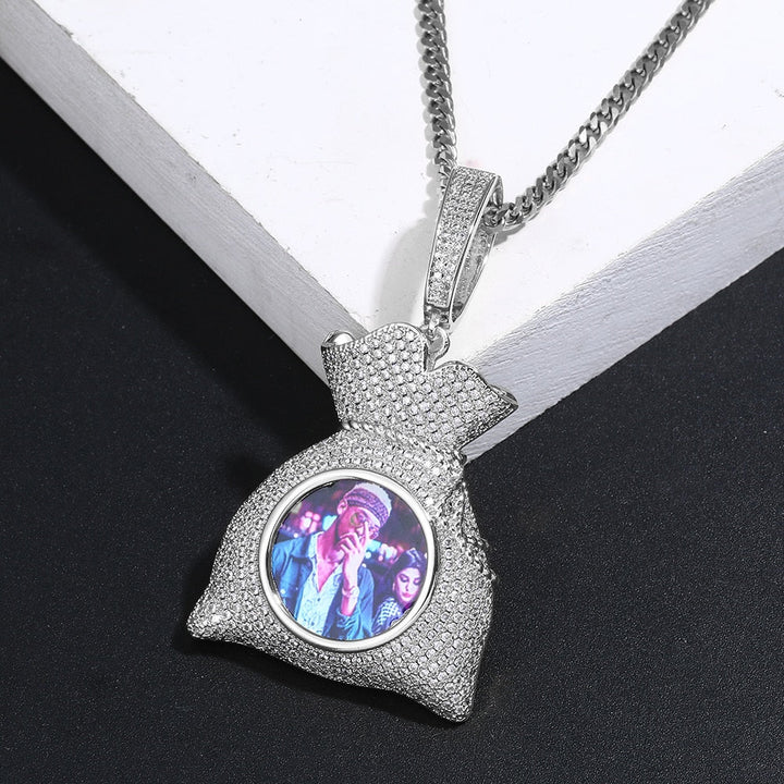 Custom 14k Gold Money Bag Pendant Photo Medallion Necklace