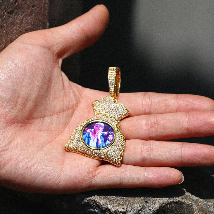 Custom 18k Gold Money Bag Pendant Photo Medallion Necklace