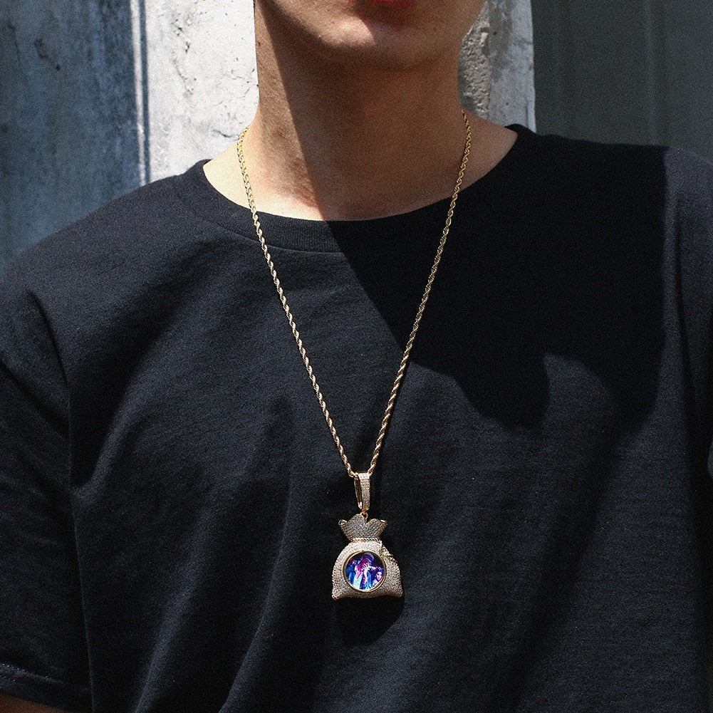 Custom Money Bag Photo Medallion Necklace