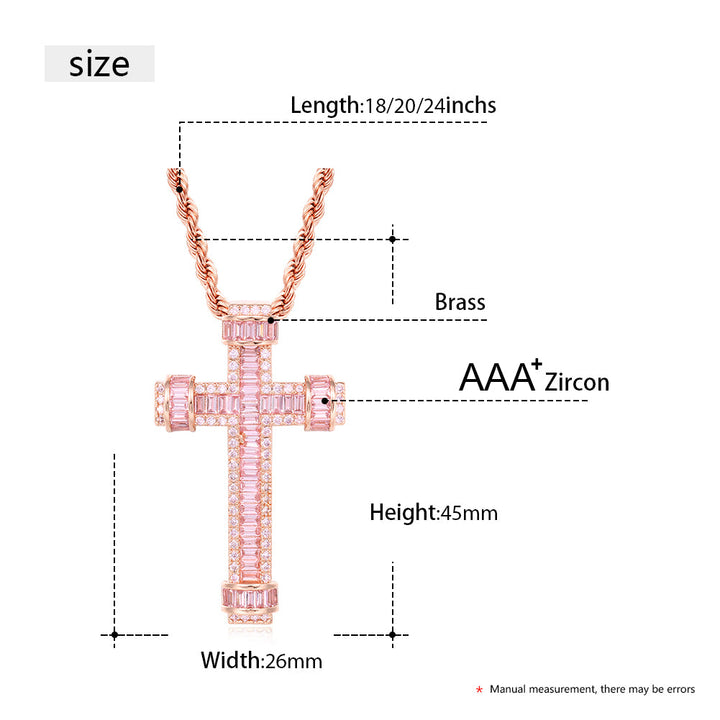 18K Gold Plated Pink Baguette Cross Pendant Necklace- Cross Necklace-Hip Hop Necklace