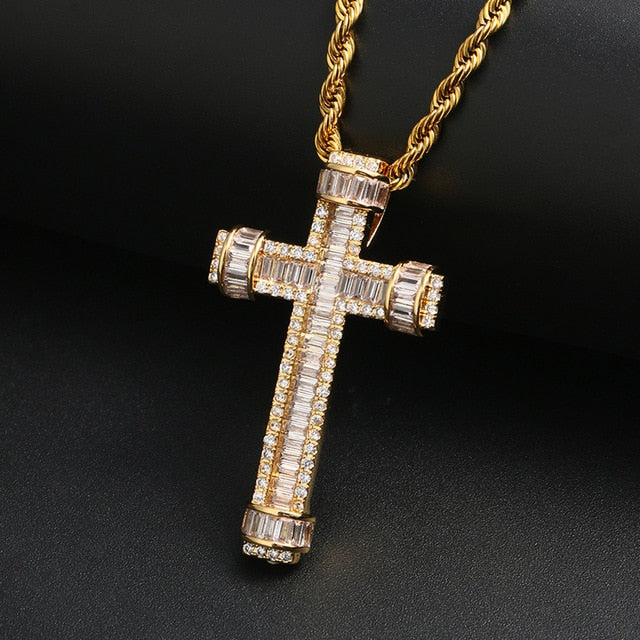 18K Gold Plated Pink Baguette Cross Pendant Necklace- Cross Necklace-Hip Hop Necklace