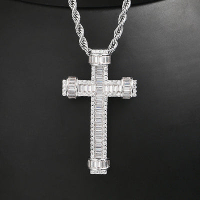 18K Gold Plated Pink Baguette Cross Pendant Necklace- Cross Necklace-Hip Hop Necklace